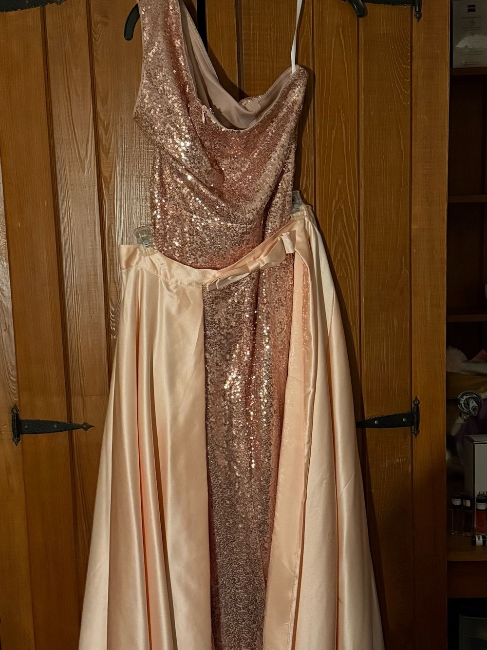 Fashion Nova Rose Gold One-Shoulder Sequin & Satin Gown